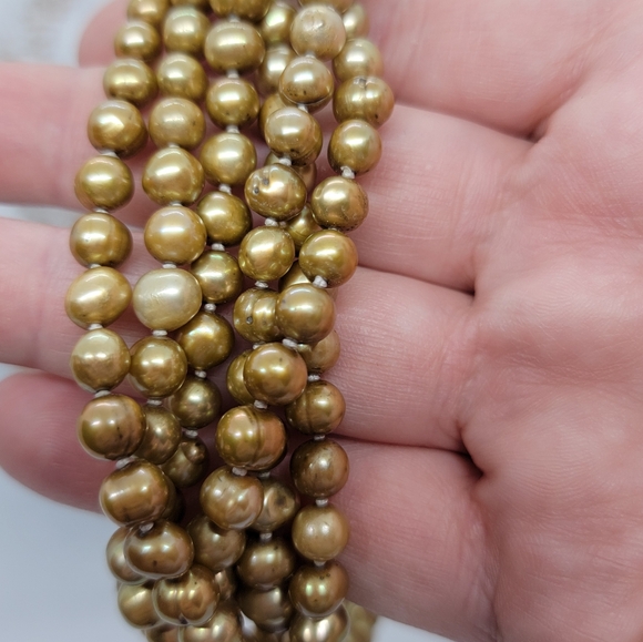 Baroque Genuine Pearl Necklace Gold Bronze  32" Drop  6mm Hand Knotted - Picture 5 of 10